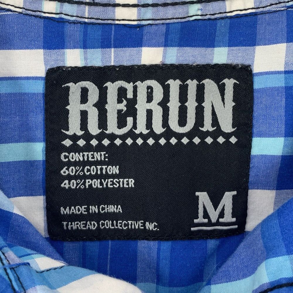 Rerun Blue & White‎ Plaid Western Men's Short Sleeve Shirt Size Medium - Picture 4 of 9